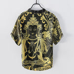 Buddha Stones Cotton Golden Buddha Icon Pattern Men's Short Sleeve Half Button Shirt
