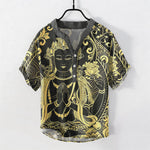 Buddha Stones Cotton Golden Buddha Icon Pattern Men's Short Sleeve Half Button Shirt