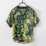 Buddha Stones Cotton Golden Buddha Icon Pattern Men's Short Sleeve Half Button Shirt