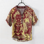 Buddha Stones Cotton Golden Buddha Icon Pattern Men's Short Sleeve Half Button Shirt