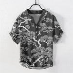 Buddha Stones Cotton White Pine Needle Botanical Pattern Men's Short Sleeve Half Button Shirt