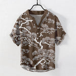 Buddha Stones Cotton White Pine Needle Botanical Pattern Men's Short Sleeve Half Button Shirt