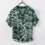 Buddha Stones Cotton White Pine Needle Botanical Pattern Men's Short Sleeve Half Button Shirt
