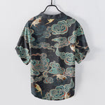 Buddha Stones Cotton Koi Fish Lotus Pattern Men's Short Sleeve Half Button Shirt