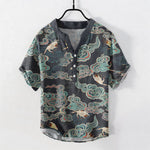 Buddha Stones Cotton Koi Fish Lotus Pattern Men's Short Sleeve Half Button Shirt