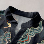 Buddha Stones Cotton Koi Fish Lotus Pattern Men's Short Sleeve Half Button Shirt