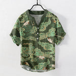 Buddha Stones Cotton Koi Fish Lotus Pattern Men's Short Sleeve Half Button Shirt