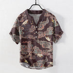 Buddha Stones Cotton Koi Fish Lotus Pattern Men's Short Sleeve Half Button Shirt
