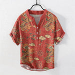 Buddha Stones Cotton Golden Dragon Cloud Pattern Men's Short Sleeve Half Button Shirt