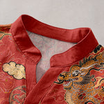 Buddha Stones Cotton Golden Dragon Cloud Pattern Men's Short Sleeve Half Button Shirt