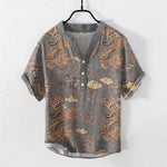 Buddha Stones Cotton Golden Dragon Cloud Pattern Men's Short Sleeve Half Button Shirt