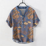 Buddha Stones Cotton Golden Dragon Cloud Pattern Men's Short Sleeve Half Button Shirt