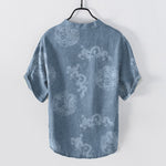 Buddha Stones Cotton Faded Indigo Dragon Pattern Men's Short Sleeve Half Button Shirt