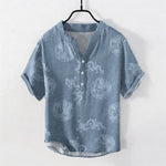 Buddha Stones Cotton Faded Indigo Dragon Pattern Men's Short Sleeve Half Button Shirt