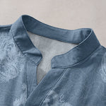 Buddha Stones Cotton Faded Indigo Dragon Pattern Men's Short Sleeve Half Button Shirt