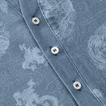 Buddha Stones Cotton Faded Indigo Dragon Pattern Men's Short Sleeve Half Button Shirt