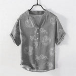 Buddha Stones Cotton Faded Indigo Dragon Pattern Men's Short Sleeve Half Button Shirt