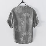 Buddha Stones Cotton Faded Indigo Dragon Pattern Men's Short Sleeve Half Button Shirt