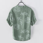 Buddha Stones Cotton Faded Indigo Dragon Pattern Men's Short Sleeve Half Button Shirt
