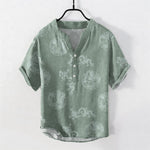 Buddha Stones Cotton Faded Indigo Dragon Pattern Men's Short Sleeve Half Button Shirt