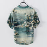 Buddha Stones Cotton Watercolor Floral Landscape Pattern Men's Short Sleeve Half Button Shirt