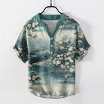 Buddha Stones Cotton Watercolor Floral Landscape Pattern Men's Short Sleeve Half Button Shirt