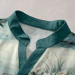Buddha Stones Cotton Watercolor Floral Landscape Pattern Men's Short Sleeve Half Button Shirt