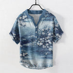 Buddha Stones Cotton Watercolor Floral Landscape Pattern Men's Short Sleeve Half Button Shirt