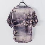 Buddha Stones Cotton Watercolor Floral Landscape Pattern Men's Short Sleeve Half Button Shirt