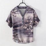 Buddha Stones Cotton Watercolor Floral Landscape Pattern Men's Short Sleeve Half Button Shirt