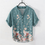 Buddha Stones Cotton Lotus Pattern Men's Short Sleeve Half Button Shirt