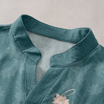 Buddha Stones Cotton Lotus Pattern Men's Short Sleeve Half Button Shirt