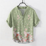 Buddha Stones Cotton Lotus Pattern Men's Short Sleeve Half Button Shirt