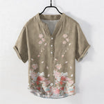 Buddha Stones Cotton Lotus Pattern Men's Short Sleeve Half Button Shirt