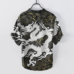 Buddha Stones Cotton White Dragon Wave Pattern Men's Short Sleeve Half Button Shirt