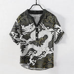 Buddha Stones Cotton White Dragon Wave Pattern Men's Short Sleeve Half Button Shirt