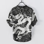 Buddha Stones Cotton White Dragon Wave Pattern Men's Short Sleeve Half Button Shirt