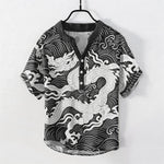 Buddha Stones Cotton White Dragon Wave Pattern Men's Short Sleeve Half Button Shirt