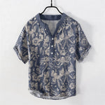 Buddha Stones Cotton Botanical Floral Pattern Men's Short Sleeve Half Button Shirt