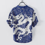 Buddha Stones Cotton White Dragon Wave Pattern Men's Short Sleeve Half Button Shirt