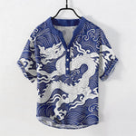 Buddha Stones Cotton White Dragon Wave Pattern Men's Short Sleeve Half Button Shirt
