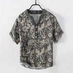 Buddha Stones Cotton Botanical Floral Pattern Men's Short Sleeve Half Button Shirt