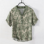 Buddha Stones Cotton Botanical Floral Pattern Men's Short Sleeve Half Button Shirt
