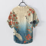 Buddha Stones Cotton Oriental Crane Floral Wave Pattern Men's Short Sleeve Half Button Shirt
