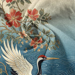 Buddha Stones Cotton Oriental Crane Floral Wave Pattern Men's Short Sleeve Half Button Shirt