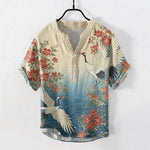 Buddha Stones Cotton Oriental Crane Floral Wave Pattern Men's Short Sleeve Half Button Shirt