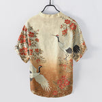 Buddha Stones Cotton Oriental Crane Floral Wave Pattern Men's Short Sleeve Half Button Shirt