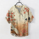 Buddha Stones Cotton Oriental Crane Floral Wave Pattern Men's Short Sleeve Half Button Shirt
