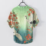 Buddha Stones Cotton Oriental Crane Floral Wave Pattern Men's Short Sleeve Half Button Shirt