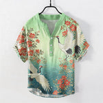 Buddha Stones Cotton Oriental Crane Floral Wave Pattern Men's Short Sleeve Half Button Shirt